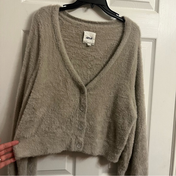 Aerie Fuzzy Cropped Cardigan in color Toasted Coconut - Picture 3 of 5